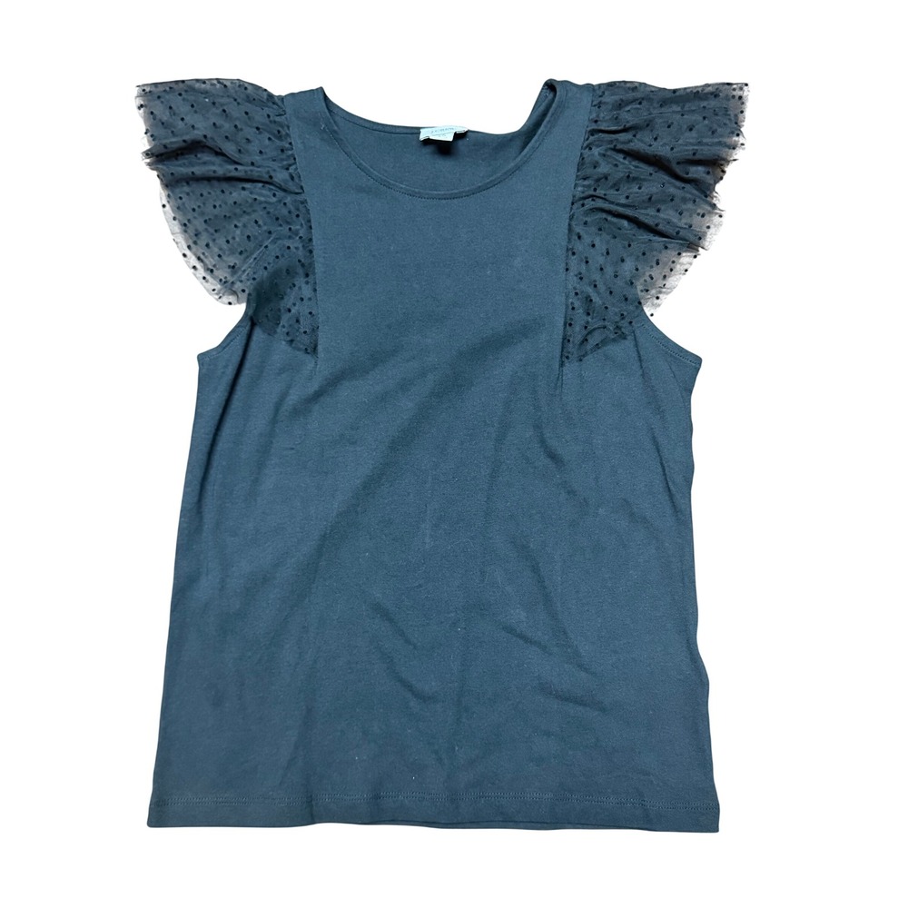 J.Crew Womens Black Tulle Polka Dot Flutter Sleeve Top Crew Neck XS AU057